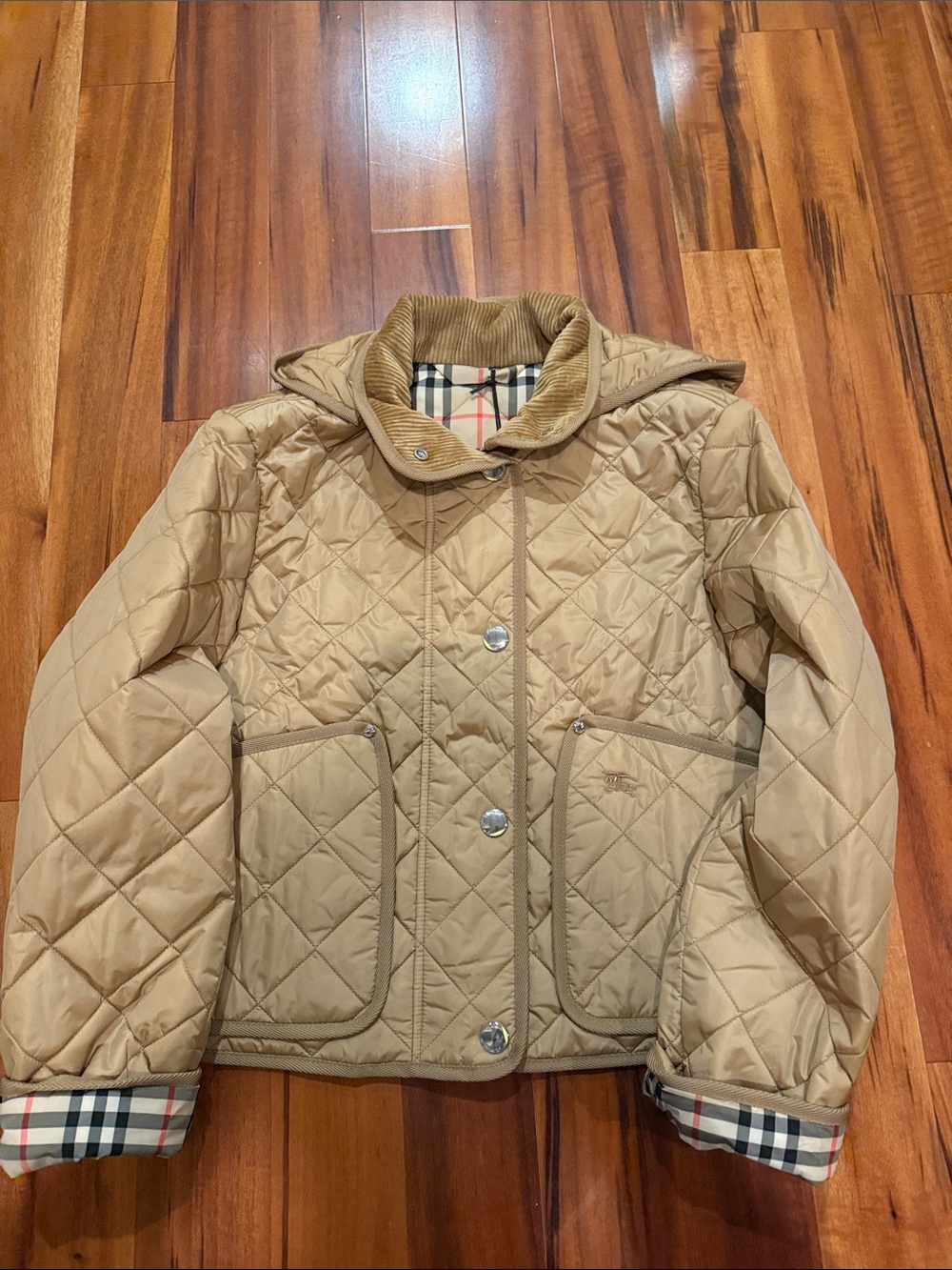 Burberry Quilted Beige Jacket with Plaid Trim